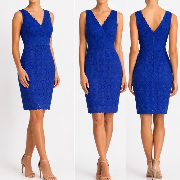 Kay Unger Dresses & Skirts - Kay Unger sheath dress blue sleeveless eyelet lace cotton excellent Size 2